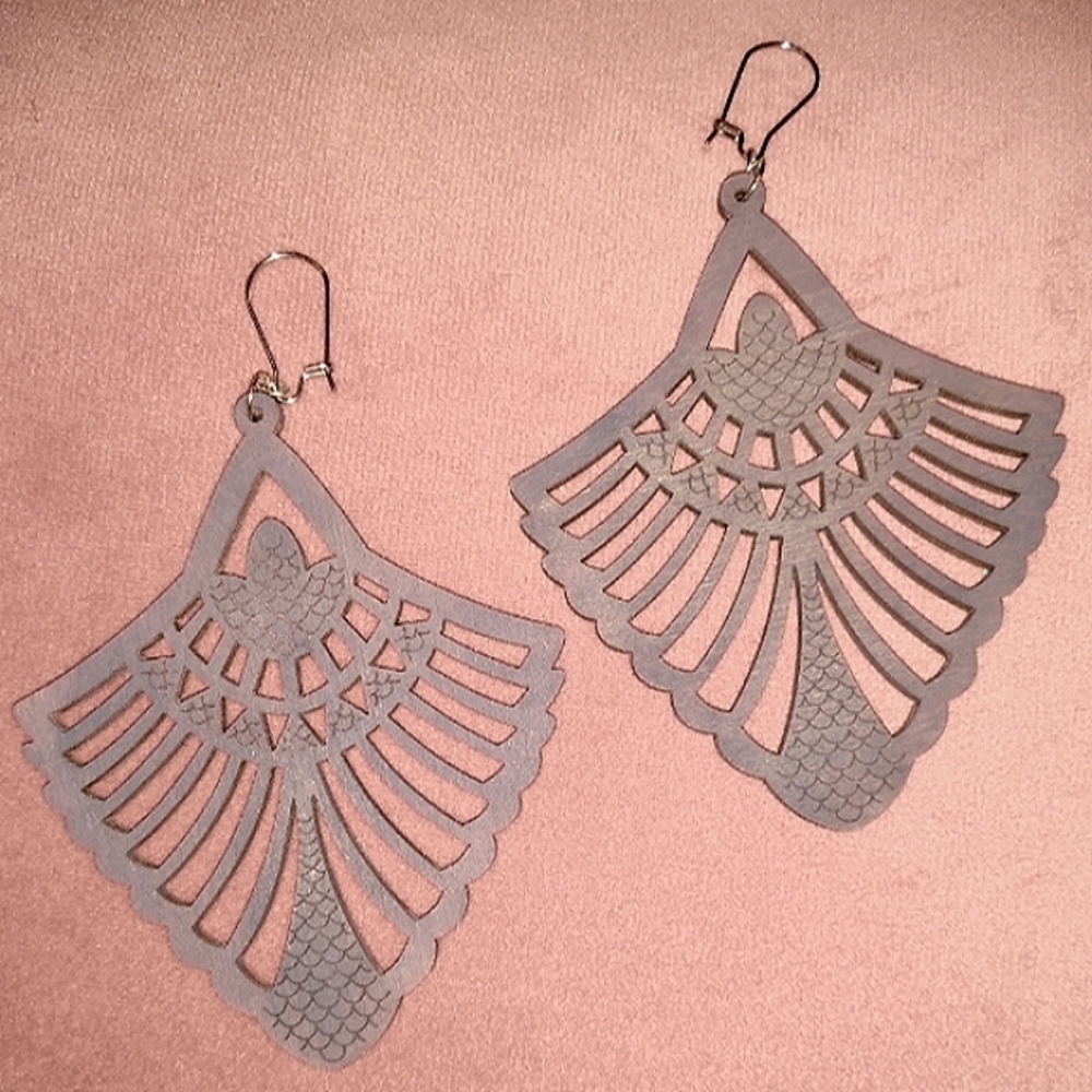 Hand Painted Slate Gray Wood Carved Oversized Grey Fan Earrings Big Bohemian New